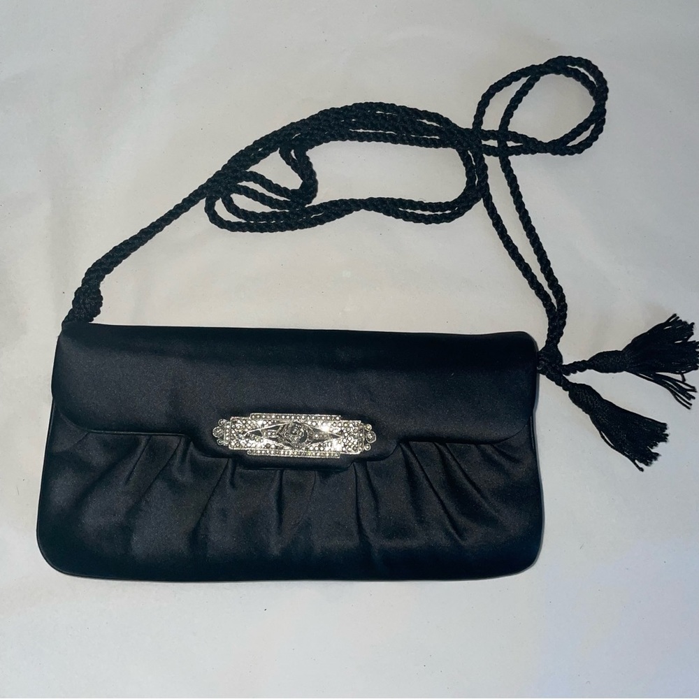 JUDITH LEIBER Black Satin Pleated Silk Clutch
